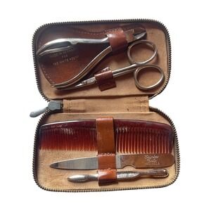 Vintage White House Grooming Kit Made in Germany Brown Leather Zipper Case Set